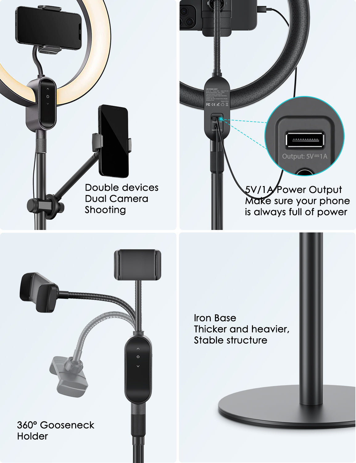 Viozon  Aluminum Alloy Overhead Live Stand with 12&quot; LED Ring Light &amp; 2 Adjustable Height &amp; Angle Phone Holders (LT-2DP)