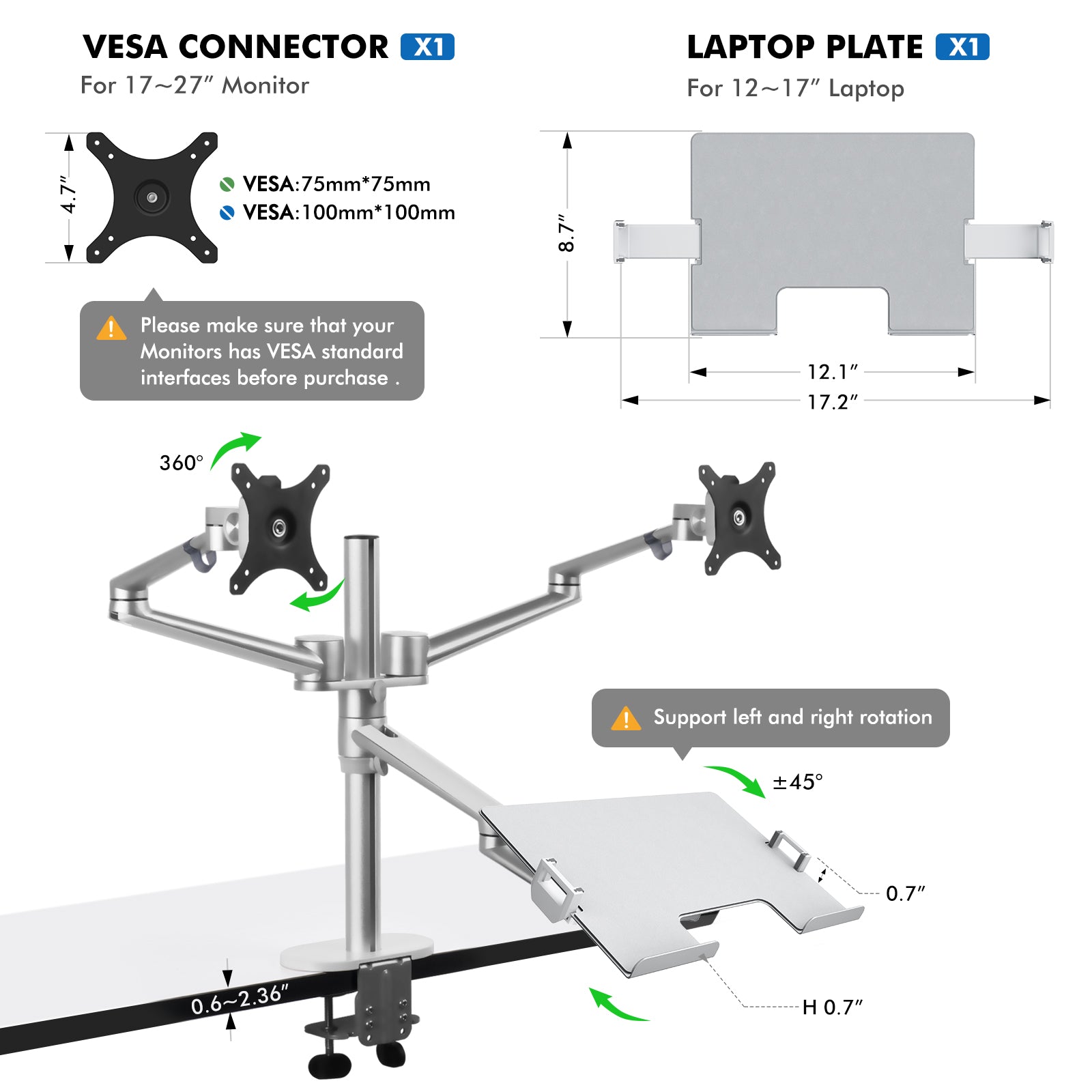 Viozon Monitor and Laptop Mount, 3-in-1 Adjustable Triple