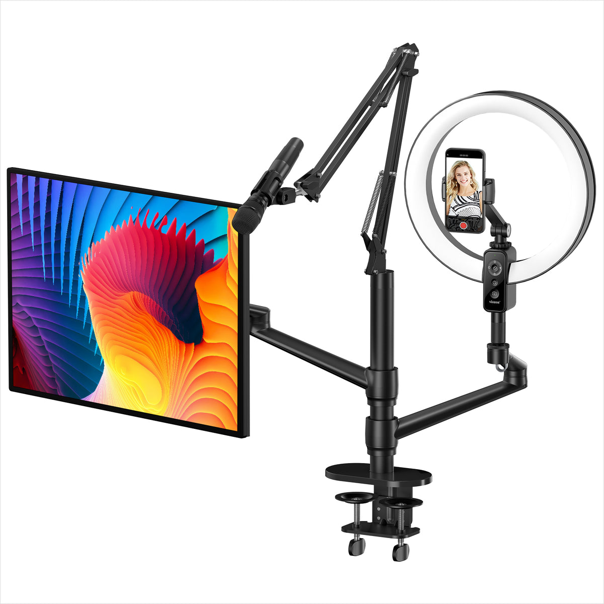 Viozon Selfie Desktop Live Stand Set  with 12&quot; LED Ring Light Overhead Shooting &amp; Adjustable Mount Compatible with Phone/Camera for Live Steaming 5 in 1 (LT-2ZB)