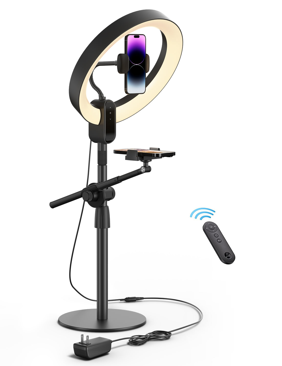 Viozon  Aluminum Alloy Overhead Live Stand with 12&quot; LED Ring Light &amp; 2 Adjustable Height &amp; Angle Phone Holders (LT-2DP)