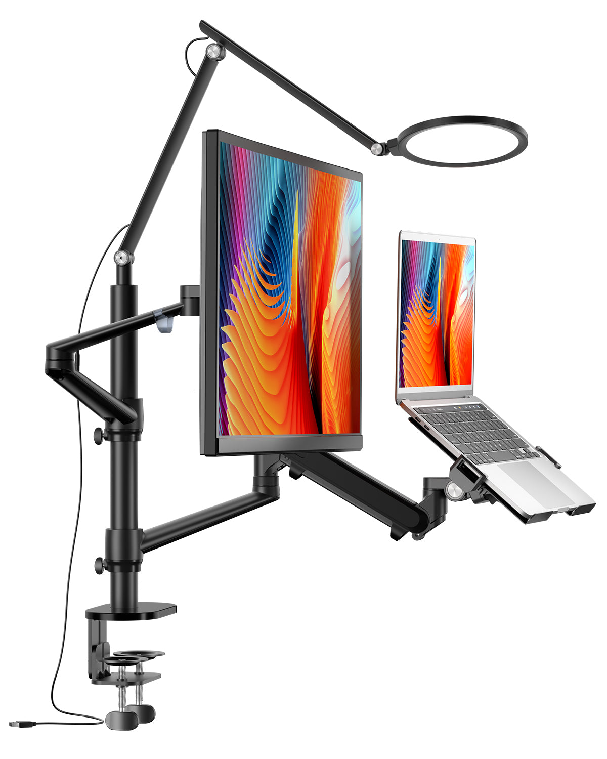3 in 1 Monitor &amp; Laptop Desk Mount with 7&quot; LED Ring Light, Gas Spring Arm Height &amp; Angle Adjustable (3LT-PRO)