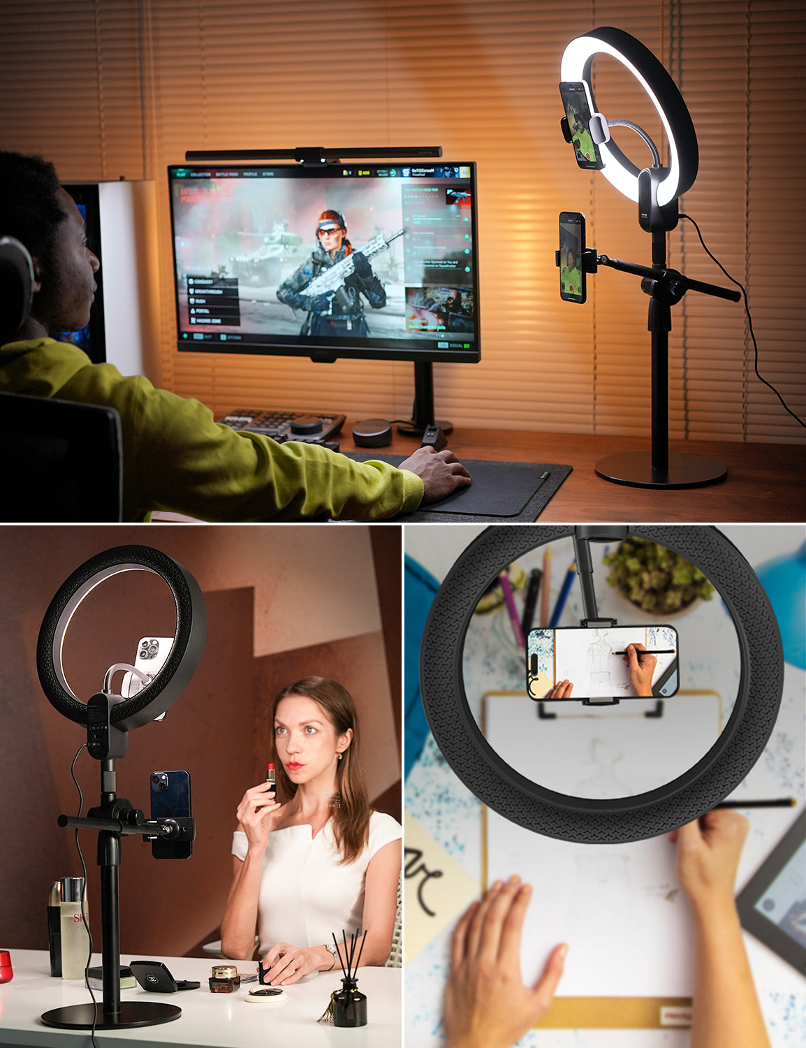  Viozon Selfie Desktop Live Stand Set 12 LED Ring Light 5 in 1  Monitor Laptop Arm Overhead Recording Height&Angle Adjustable Compatible  with 17-32Monitor3.5-6.7Phone/Camera for Live Steaming Gaming :  Electronics