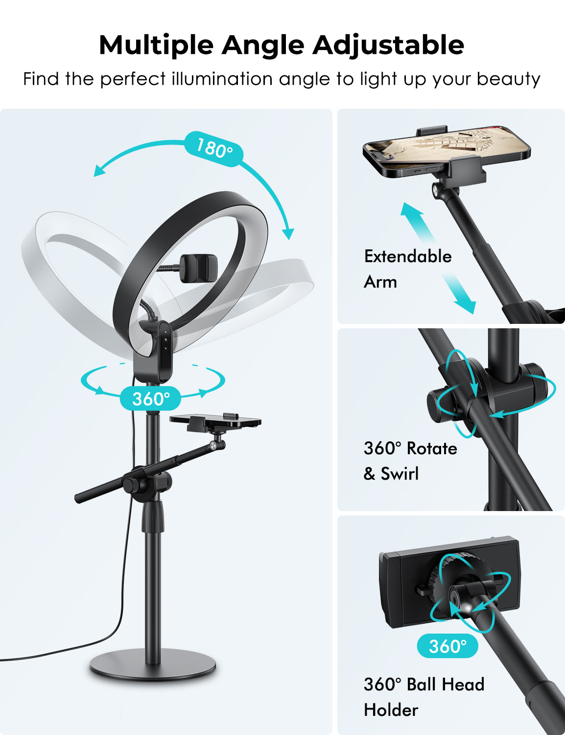 Viozon  Aluminum Alloy Overhead Live Stand with 12&quot; LED Ring Light &amp; 2 Adjustable Height &amp; Angle Phone Holders (LT-2DP)