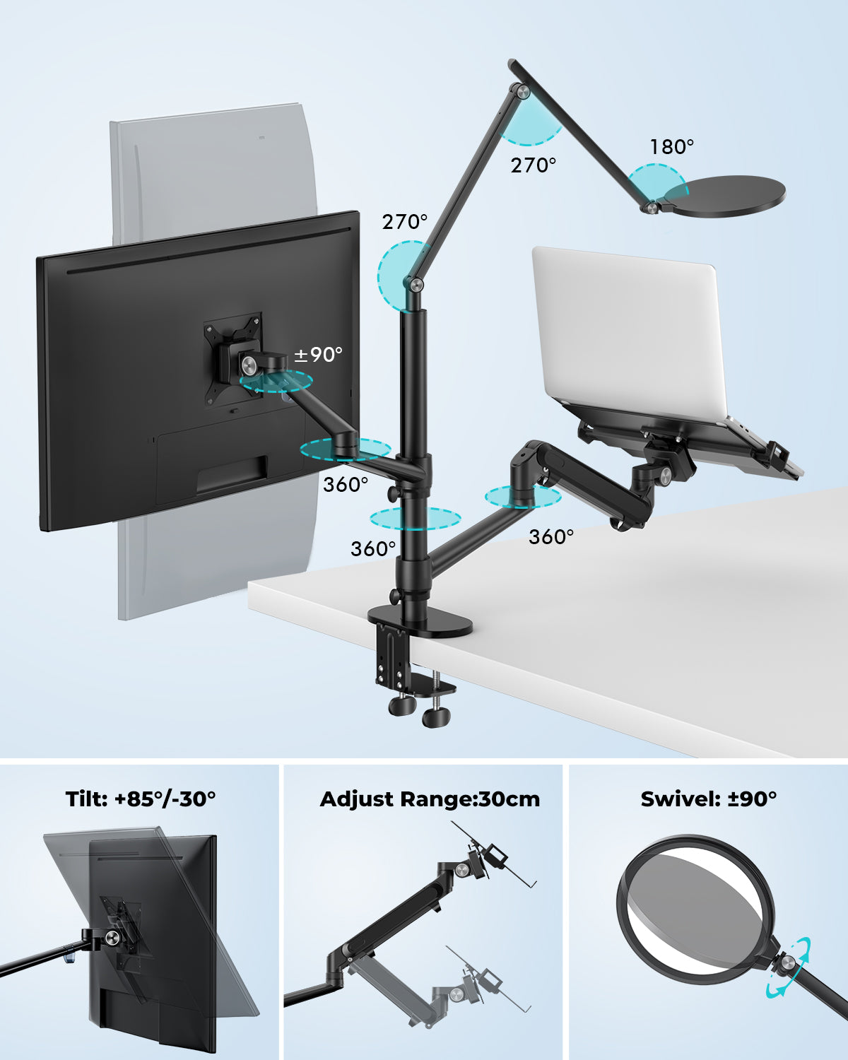 3 in 1 Monitor &amp; Laptop Desk Mount with 7&quot; LED Ring Light, Gas Spring Arm Height &amp; Angle Adjustable (3LT-PRO)