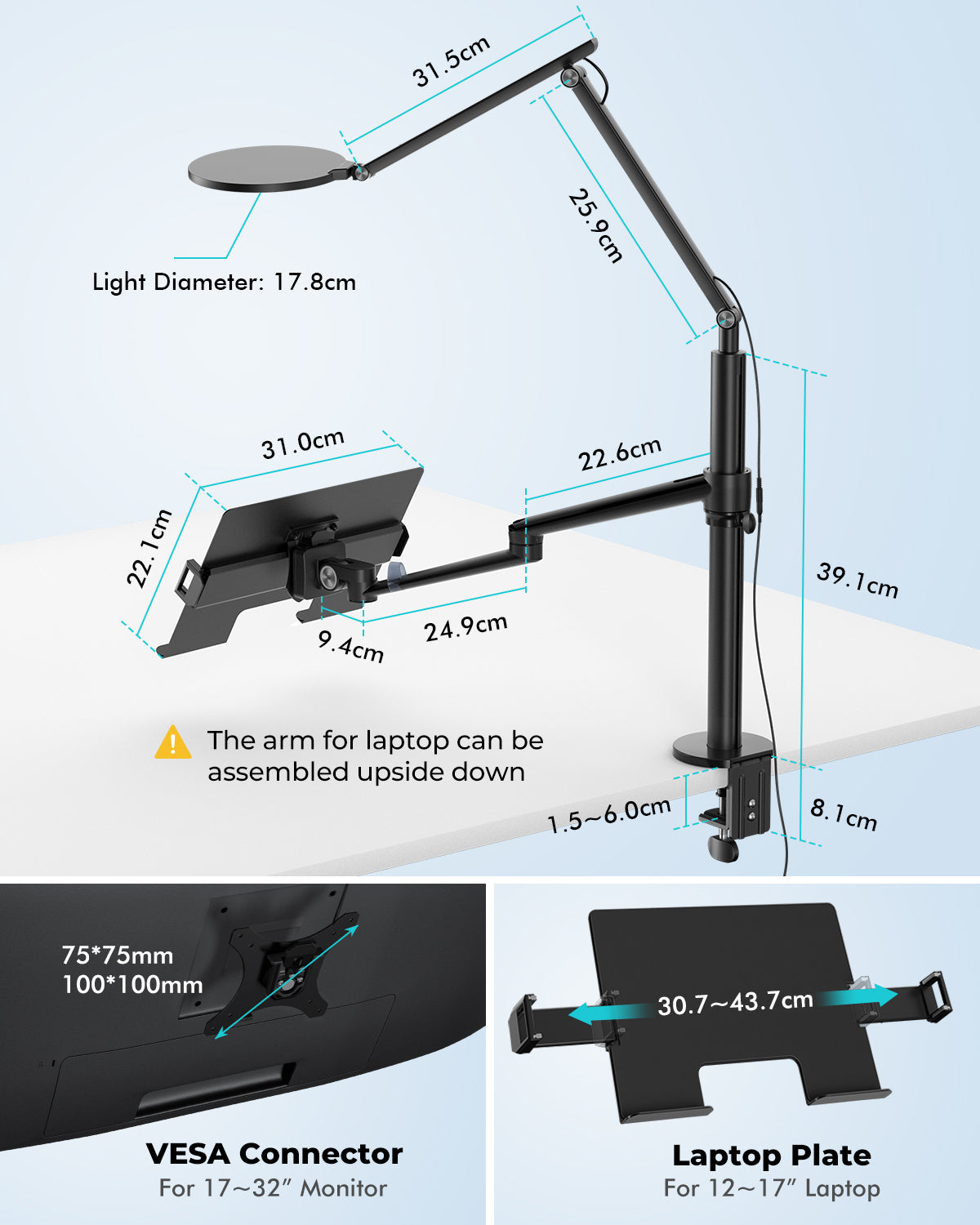 2 in 1 Monitor / Laptop Desk Mount with 7&quot; LED Ring Light (OL-1LT)