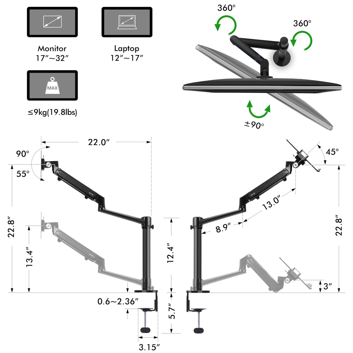 Monitor/Laptop Single Gas Spring Mount(OL-1S Pro)