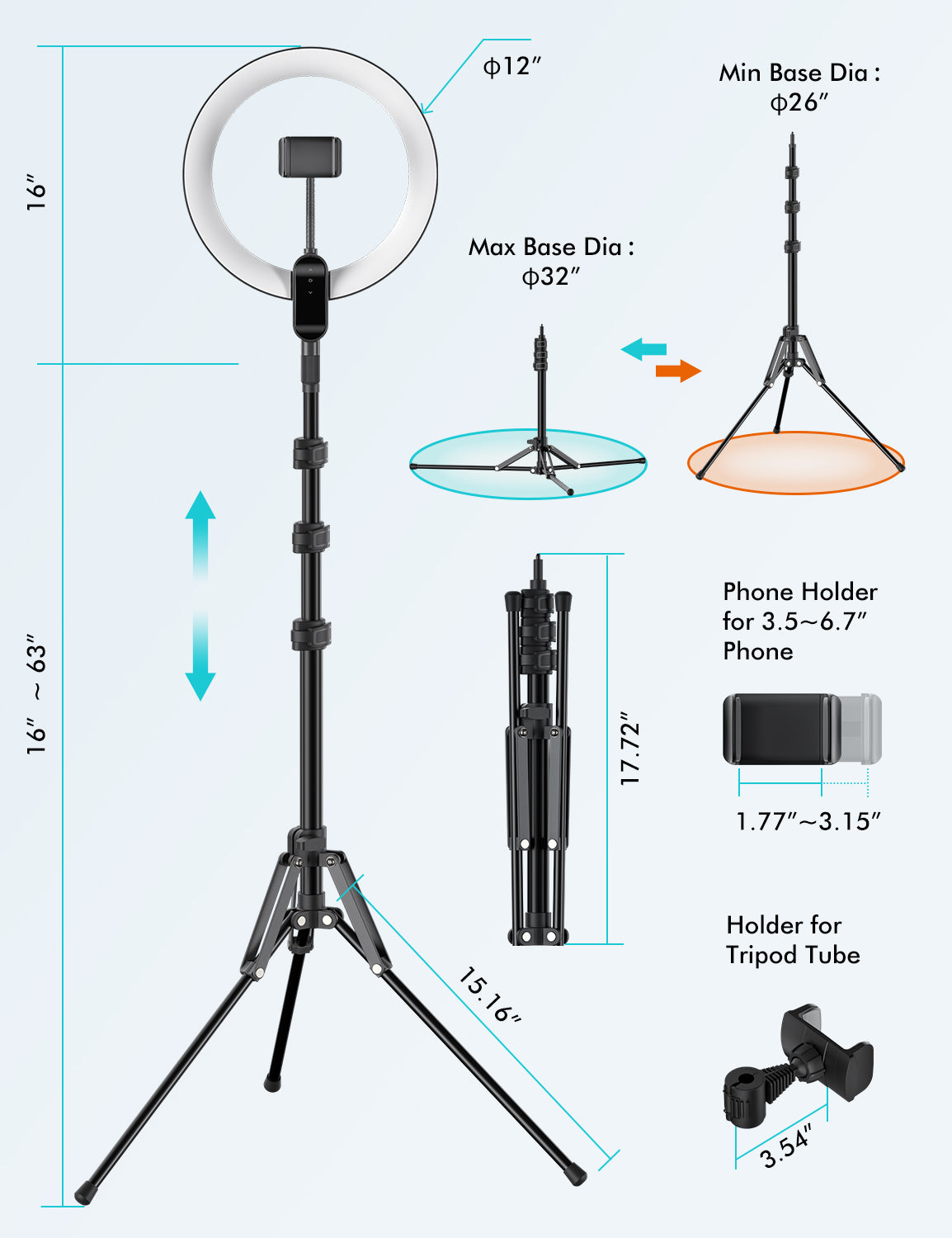 Viozon 12&quot; Ring Light Floor Live Stand, Height Adjustable Tripod Stand, Dual Phone Holder (LT-2LS)