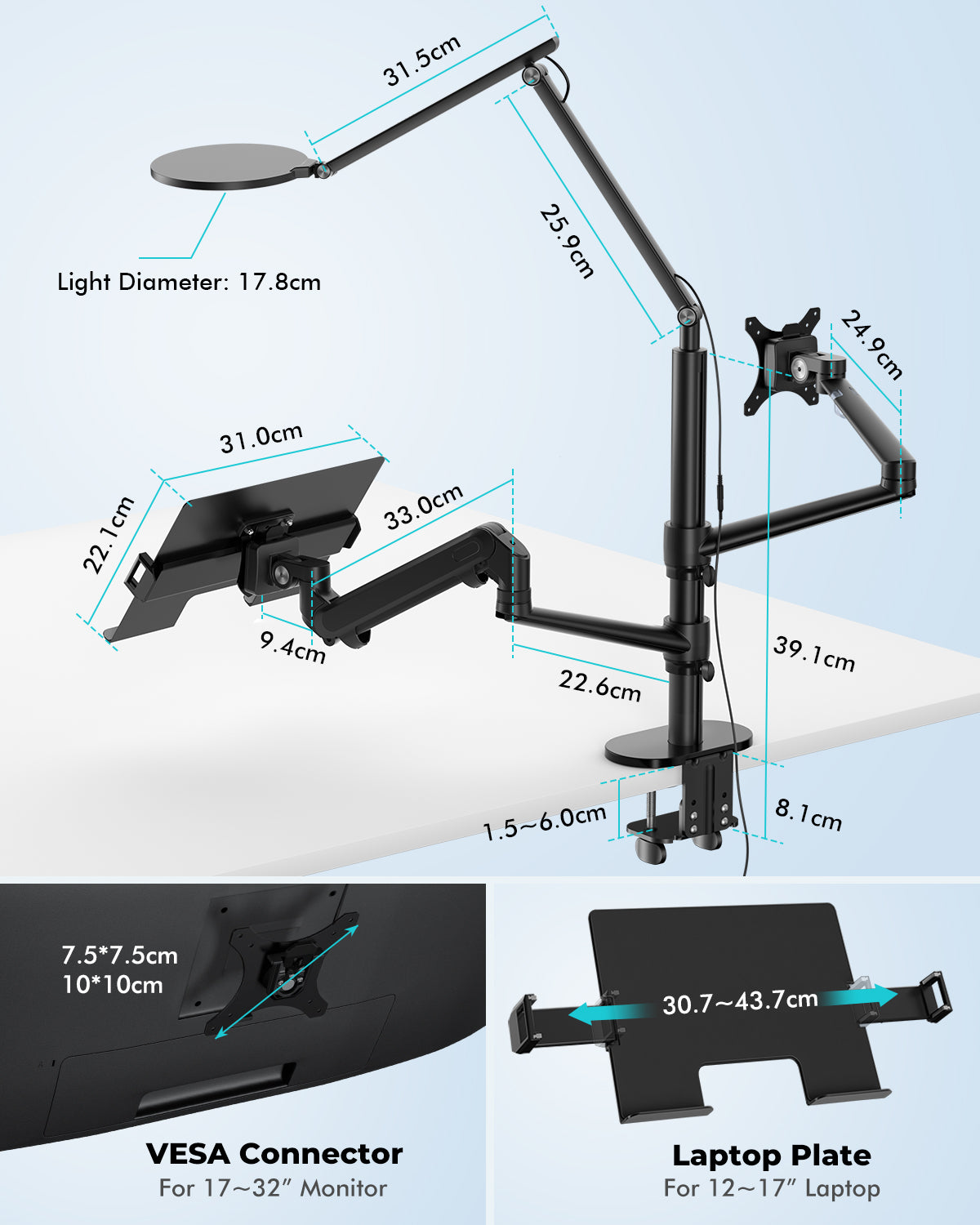 3 in 1 Monitor &amp; Laptop Desk Mount with 7&quot; LED Ring Light, Gas Spring Arm Height &amp; Angle Adjustable (3LT-PRO)