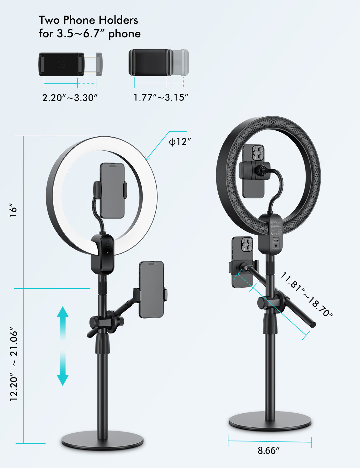 Viozon  Aluminum Alloy Overhead Live Stand with 12&quot; LED Ring Light &amp; 2 Adjustable Height &amp; Angle Phone Holders (LT-2DP)