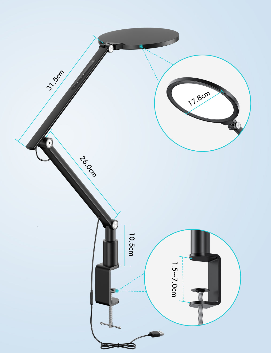 LED Desk Lamp 7&#39;&#39; with Clamp, Swing Arm (LT-1C)