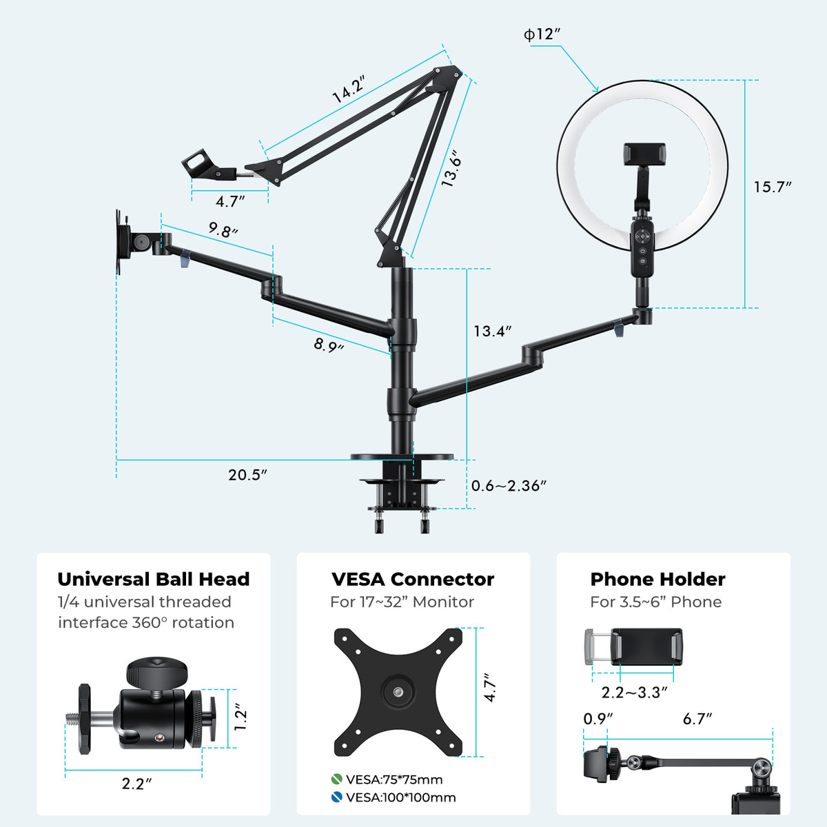 Viozon Selfie Desktop Live Stand Set  with 12&quot; LED Ring Light Overhead Shooting &amp; Adjustable Mount Compatible with Phone/Camera for Live Steaming 5 in 1 (LT-2ZB)