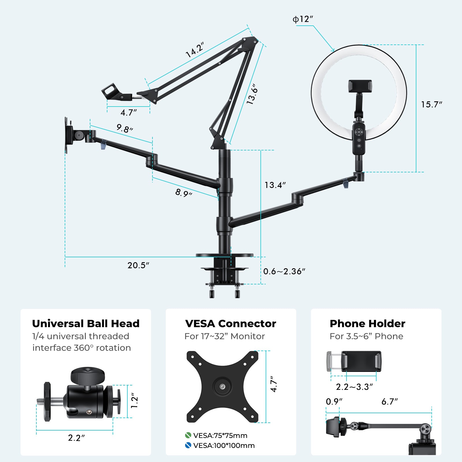  Viozon Selfie Desktop Live Stand Set 12 LED Ring Light 5 in 1  Monitor Laptop Arm Overhead Recording Height&Angle Adjustable Compatible  with 17-32Monitor3.5-6.7Phone/Camera for Live Steaming Gaming :  Electronics